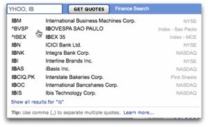 An example of the YUI AutoComplete Widget running on Yahoo! Finance.