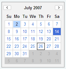 A screenshot of a Calendar control with YUI Sam Skin applied.