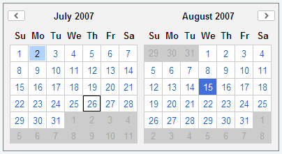 An screenshot of the CalendarGroup control with YUI Sam Skin applied and 2 months displayed.